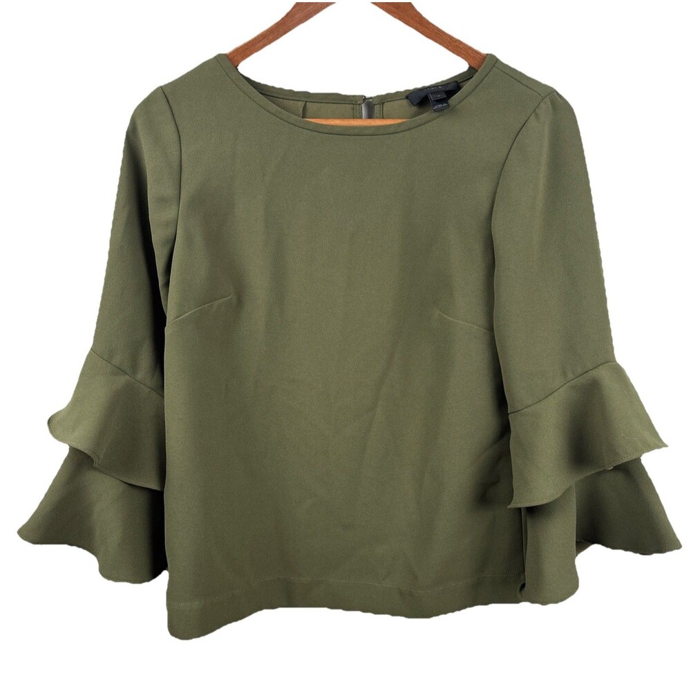 J CREW Womens Size 0 Tiered Bell Sleeve Blouse Top Olive Green Keyhole
